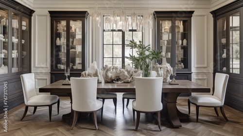 Luxe transitional estate dining room with herringbone hardwood floors built-in china cabinets and chic modern chandeliers.