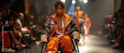 Diverse Fashion Model in Designer Wheelchair Striking Pose on Runway, Celebrating Inclusivity and Challenging Norms with Trendy Street Style