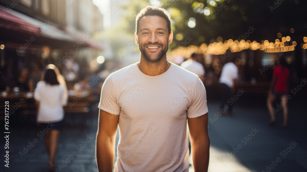 outdoor portrait of a mixed race mature man wearing a white shirt for mock up