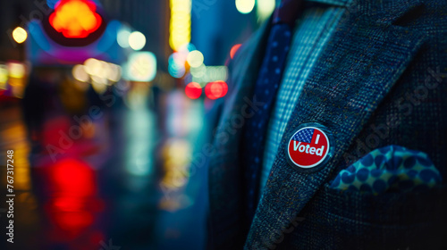 Civic Pride Displayed with 'I Voted' Badge in City Evening photo