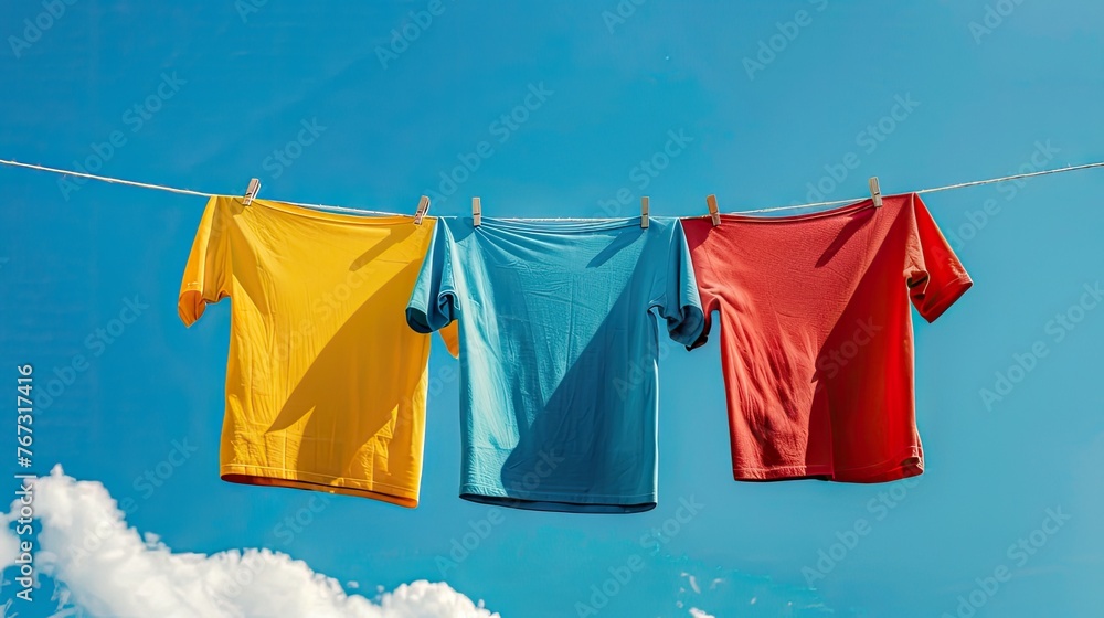 Embrace summer vibes with vibrant t-shirts drying under clear blue skies, adding a pop of color to your outdoor space. Embrace summer vibes with vibrant t-shirts drying under clear blue skies, adding a pop of color to your outdoor space.