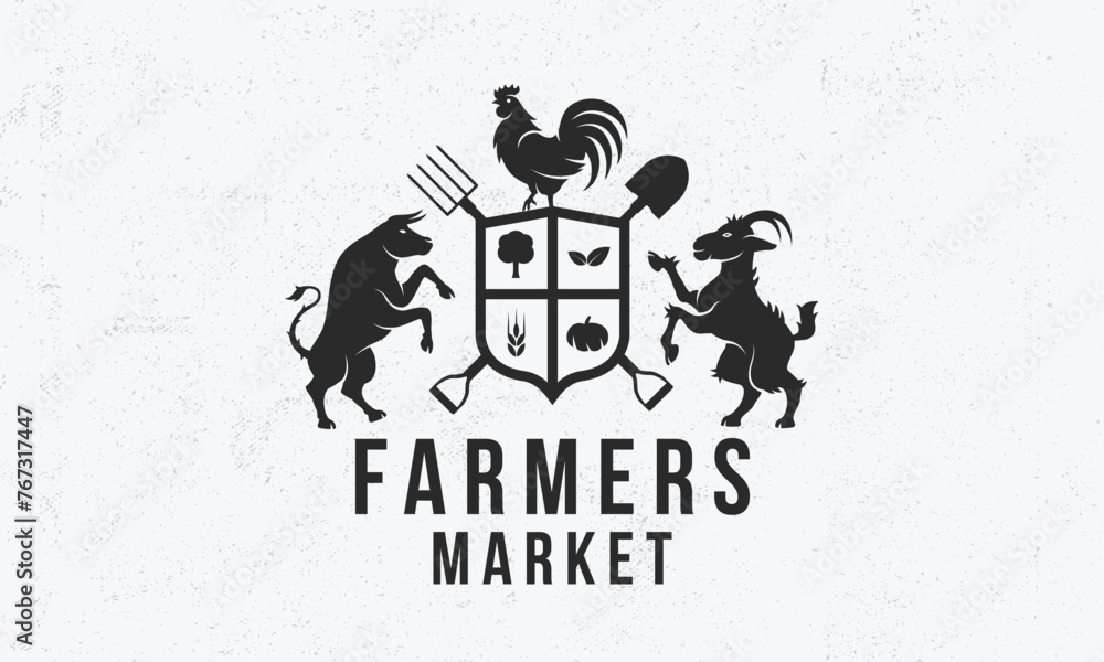 Farmers Market vintage emblem. Organic food store logo with shovel and
