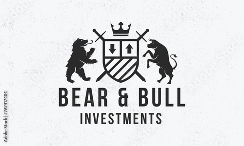 Investment logo. Trading logo with heraldic bull and bear. Grain texture. Logo, Poster for Stock Exchange, Trading, Crypto business. Vector illustration