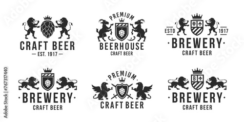Beer, brewery logo set. Vintage beer logo with heraldic animals.Vintage brewery emblems. Beer labels, emblems, logo. Vector illustration