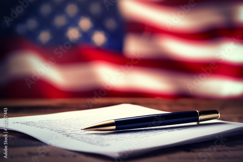 American Flag Behind Pen and Handwritten Document photo