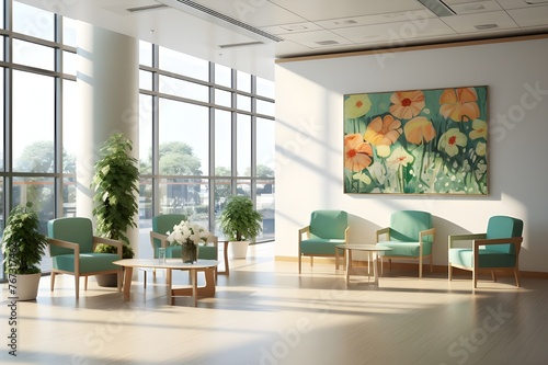 Hospital Waiting Room with Art Gallery and Comfortable Chairs