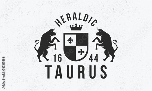 Royal vintage logo. Heraldic crest  template logo with standing bulls . Modern design poster. Label, badge, emblem for Coat of Arms, Vintage Crest, Luxury logo. Vector illustration