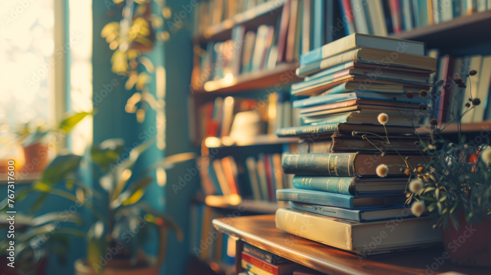 Sunlight streaming through the window onto a cozy home library filled with books