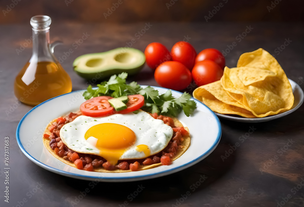 huevos rancheros with fried eggs, beans and tomatoes on a plate with tortilla chips huevos rancheros with fried eggs, beans and tomatoes on a plate with tortilla chips