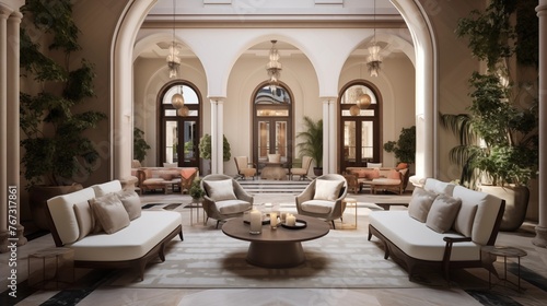 Luxurious palazzo-style indoor courtyard lounge with glazed brick barrel vaulted ceiling arched doorways and marble floors.