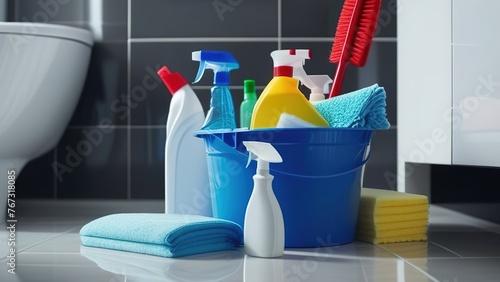 Household cleaning products and cleaning items in a bucket, Spring cleaning of kitchen, bathroom and other premises. Cleaning service concept.