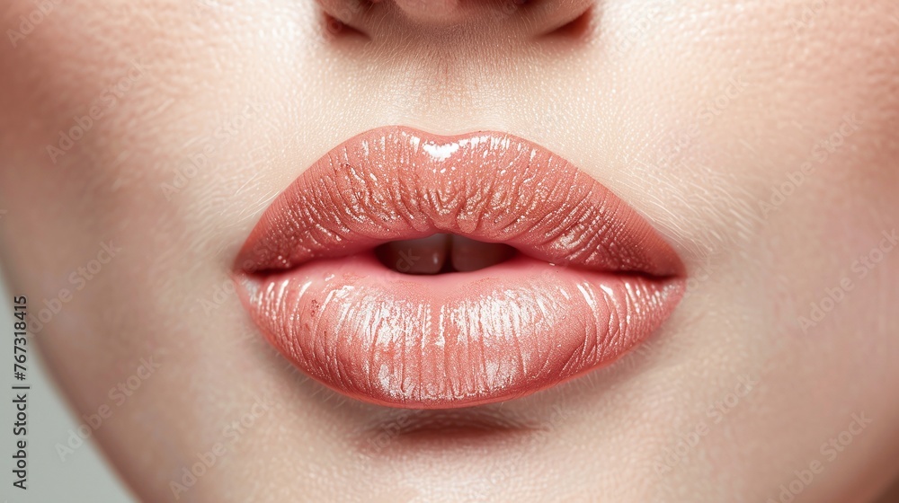 Fototapeta premium detailed closeup of natural lip makeup highlighting plump and full lips on a female face, featuring clean skin and a fresh, tender appearance