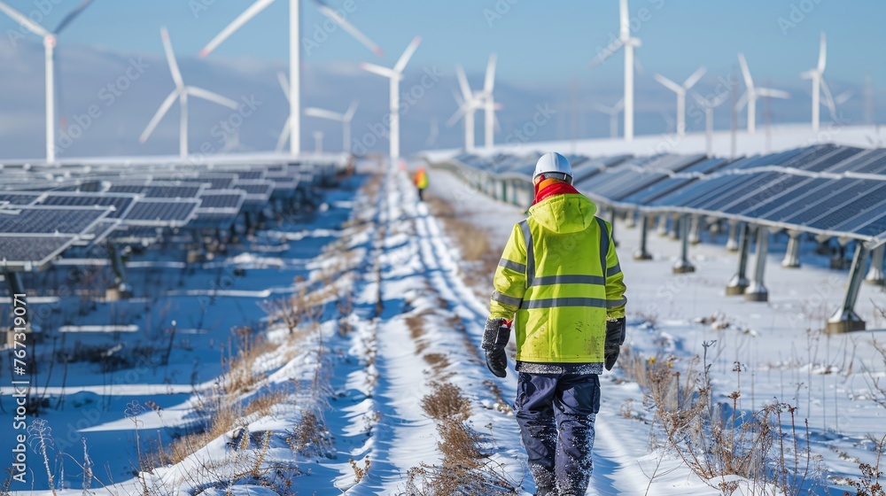 wind turbines on the horizon as a construction worker walks through snow-covered solar panels, representing the difficulties of energy production in winter wind turbines on the horizon as a construction worker walks through snow-covered solar panels, representing the difficulties of energy production in winter
