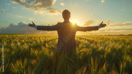 Man with arms outstretched in a field at sunset, embracing nature. #767319053