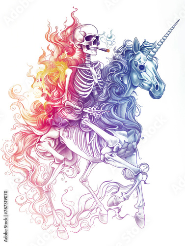 A drawing showing a skeleton seated on a unicorn  with both creatures appearing in a dynamic posture