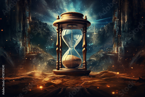 States of mind, technology and fantasy concept. Abstract and symbolic interpretation of time machine. Sand clock in surreal fantasy background