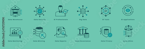 Business Intelligence Icons - A Set of High-Quality Icons for Business Intelligence like Big Data, Data Warehouse, Data Minning, Data Ethics, Data Governance, and more.