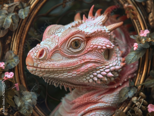 Whimsical and romantic  a pink dragon captured in a vintage frame  its gaze locked with the camera s lens