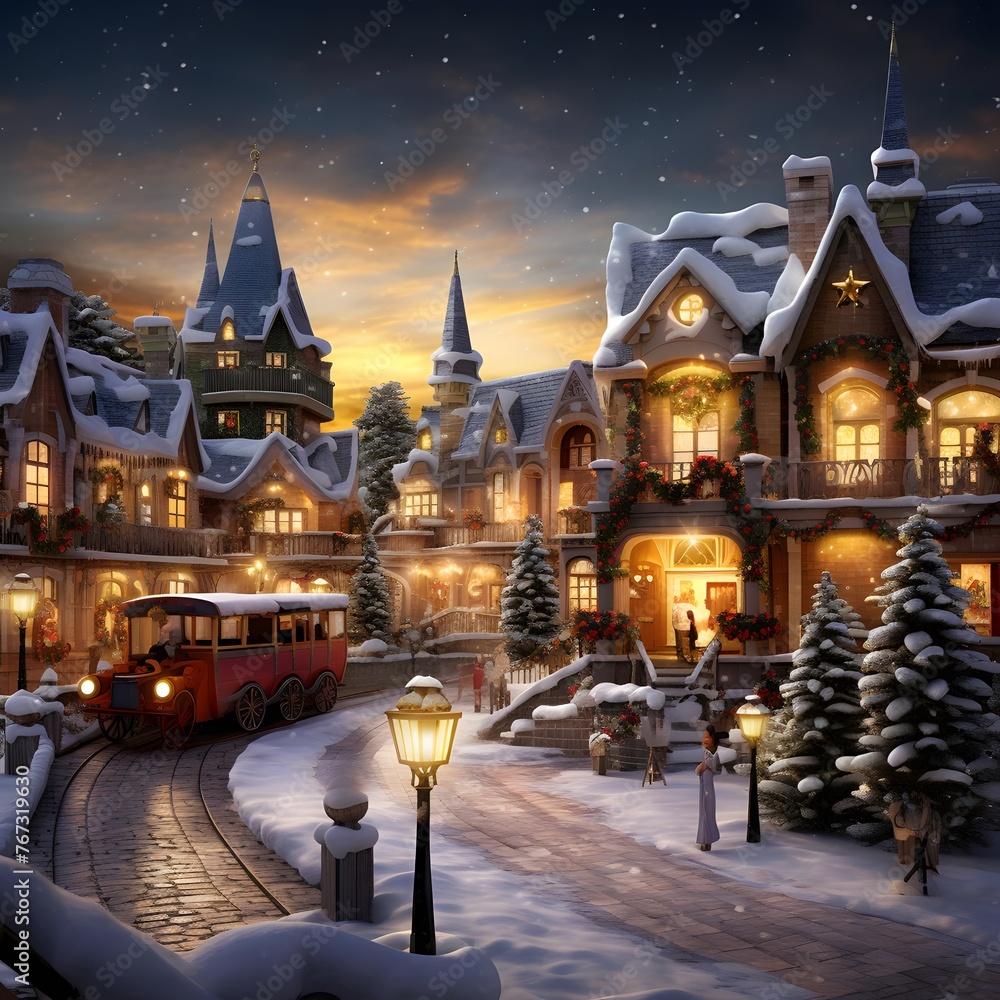Snowy winter cityscape with christmas trees, snowdrifts and houses