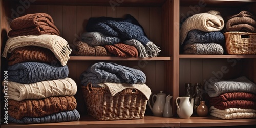 Colorful folded sweaters on a wooden shelf. A close-up image of a wooden shelf neatly stacked with colorful folded sweaters. The sweaters come in a variety of colors, including red, yellow, blue, and 