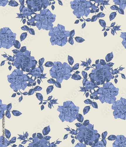 Pattern of flowers, buds and leaves of roses, blue on a light blue background in vintage style.	