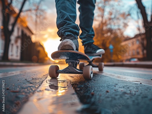 Teen's hand and skateboard dance in harmony, street skating captured up close, joy in every turn and twist
