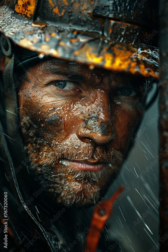 Enter the realm of industrial prowess with a closeup view of a worker in the oil drilling field, their unwavering focus serving as a beacon of determination amidst the rugged landscape
