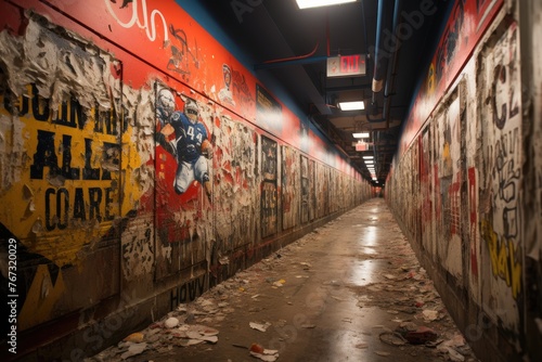 Stadium tunnels display colorful historical murals., generative IA