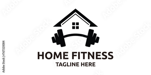 creative home fitness logo design, barbell logo with house, logo design template, symbol, icon, creative idea.