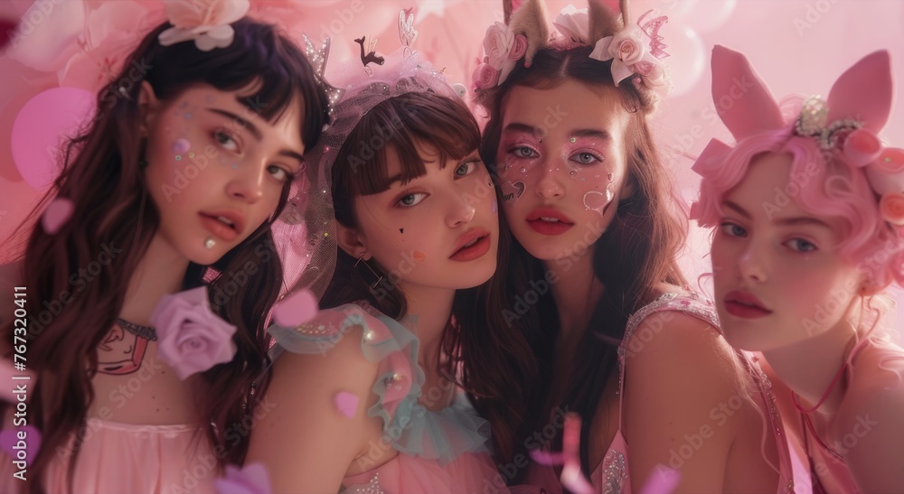 Whimsical Gen Z Gathering in a Dreamy Ambience. Generation Z friends adorned with whimsical accessories, captured in a rosy-hued setting that emanates a fairytale-like charm and youthful spirit.