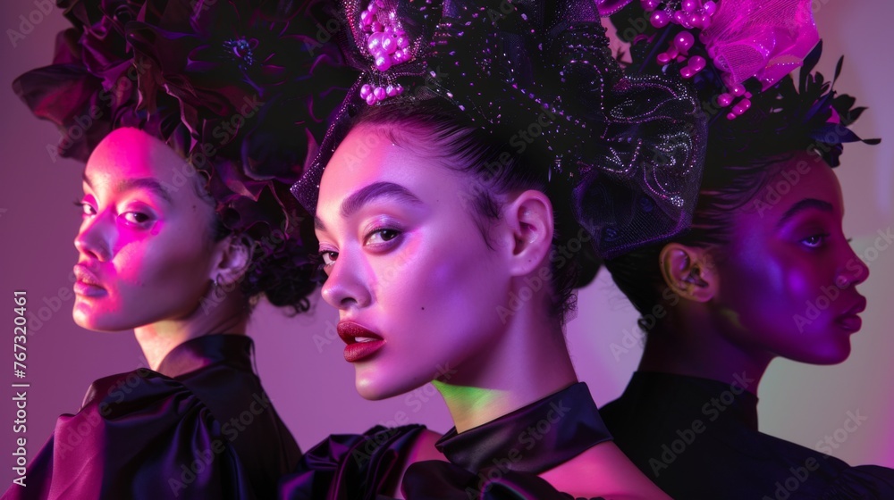 Regal Elegance, Gen Z Women with Bold Headpieces. Generation Z women wear intricate black headpieces, their portraits cast in captivating purple hues, exuding confidence and elegance.