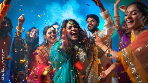 A lively group of friends, adorned in vibrant traditional attire, captures the joyous spirit of Diwali, the festival of lights, in a whirlwind of color and celebration.