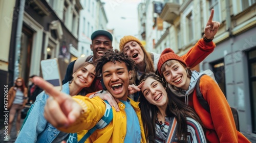In the lively ambiance of the city, a group of exuberant young friends take a selfie to capture the moment. Their diverse and joyful expressions reflect the vibrant spirit of urban youth culture. © Beyonder