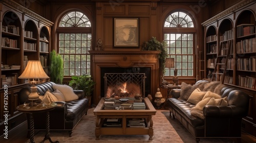 Historic colonial estate library with custom wood paneling arched windowpane bookcases rolling ladder and fireplace inglenook. photo