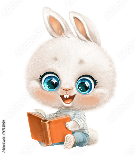 Cute cartoon white bunny read a book sit on white background