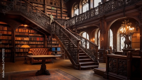 Historic library reading room with ornate carved wood and iron railings.
