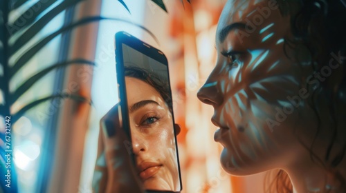 Exploring Beauty Through AR, Young Adult with Virtual Filters. A young individual explores the transformative magic of augmented reality filters, merging self-expression with digital enhancement.