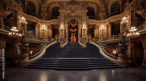 Historic opera house with grand staircases and ornate balconies.