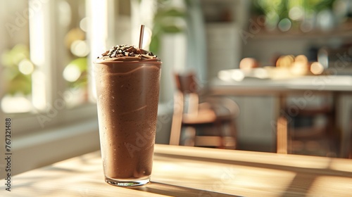 Chocolate protein smoothie on the table with copy space