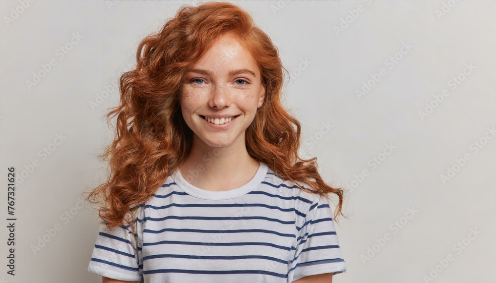 happy attractive young woman with long red hair and freckles wears stylish t shirt looks happy and smiling isolated over white background happy attractive young woman with long red hair and freckles wears stylish t shirt looks happy and smiling isolated over white background