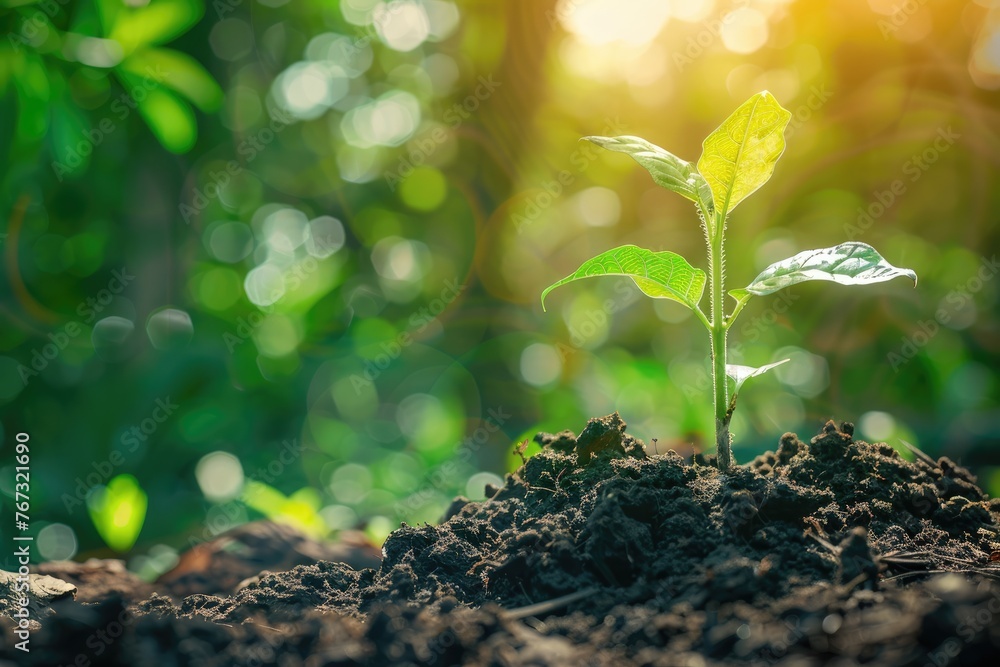 Green plant growing in soil with green nature background. Renewable eco energy concept Green plant growing in soil with green nature background. Renewable eco energy concept