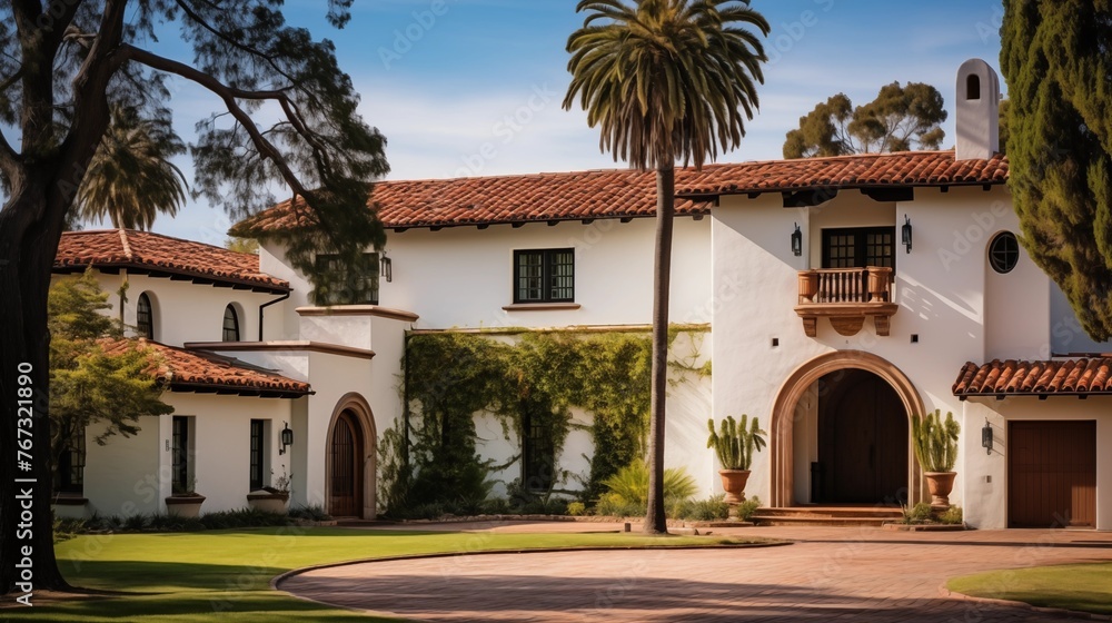 Historic Spanish revival mansion with clay tile roof arched windows and courtyard entry.