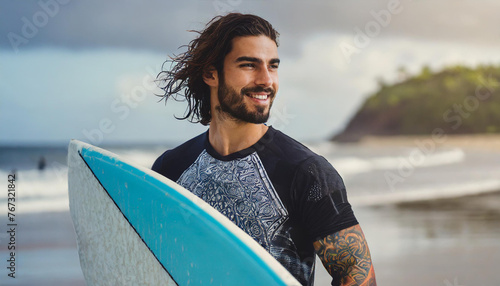 Handsome young male athlete with tattoo holding surf board with wet hair on summer beach sport holiday. Surfing lifestyle