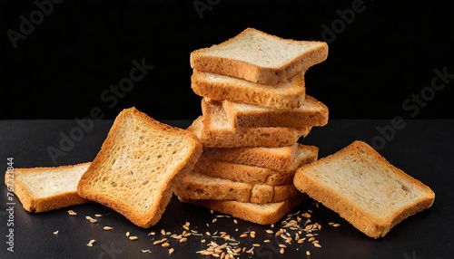 Close-up of square bread rusks pile whole wheat toast slices. Black background.