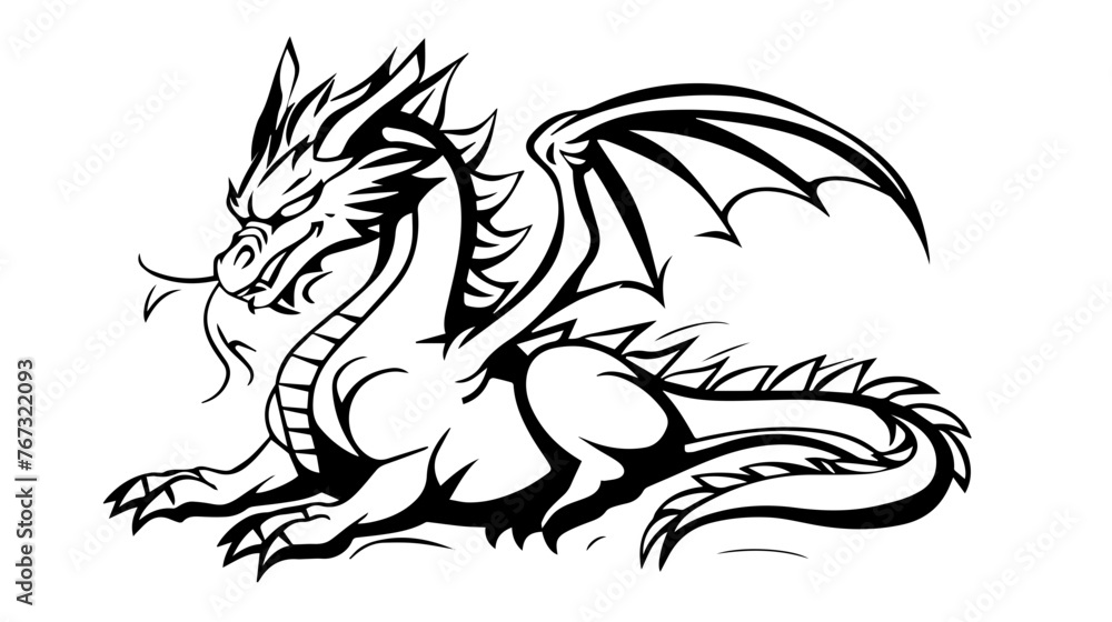 Monochrome Sitting Dragon Illustration Vector