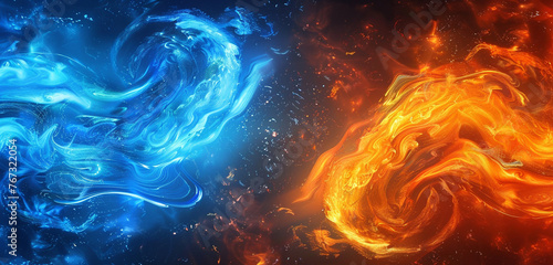 Swirling waves of electric blue and fiery orange evoking a sense of cosmic energy. Copy space on blank labels.