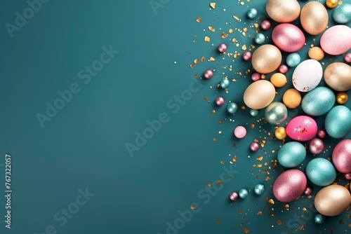Decorated Easter eggs and space for text on color background  top view - generative ai