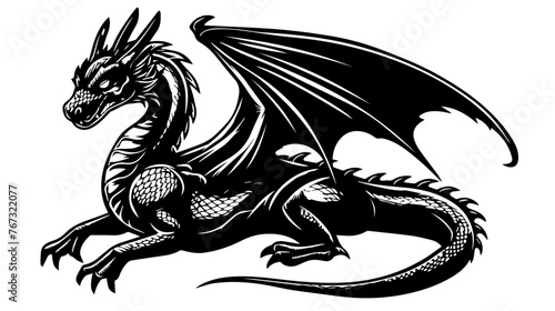 Monochrome Sitting Dragon Illustration Vector