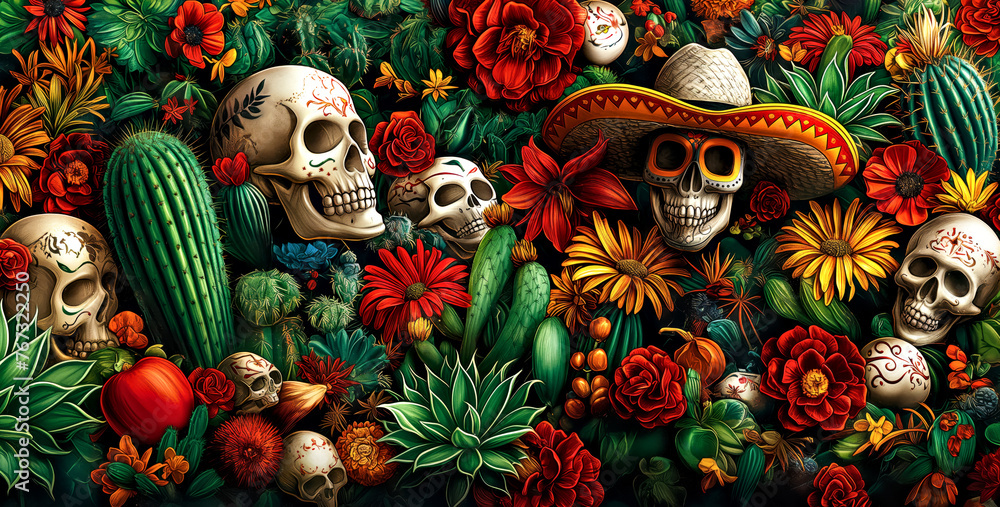 A colorful poster with skulls, cactus,flowers, and a sombrero. Cinco De Mayo concept