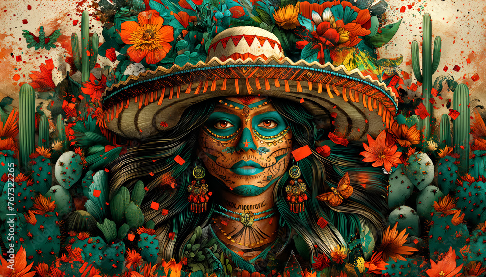 The woman in sombrero and with mexican skull face paints is surrounded by cacti and flowers. Cinco De Mayo concept